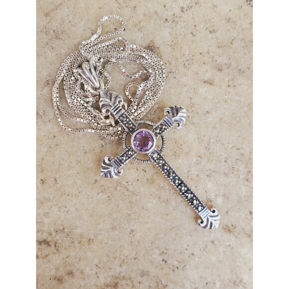 Crucifix Jesus Amethyst Cross Pendant in Sterling Silver 925, 24in - Picture 1 of 5